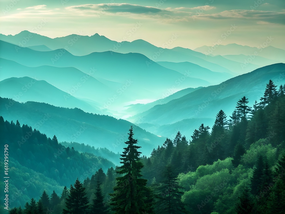 Fototapeta premium Misty blue mountain range with evergreen forest at sunrise
