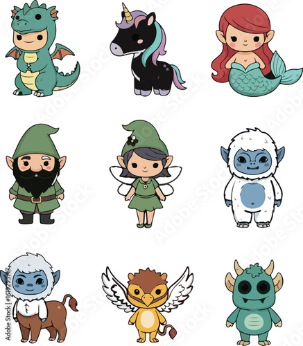 Kawaii Mythical Creatures Set: Dragon, Unicorn, Mermaid, and More