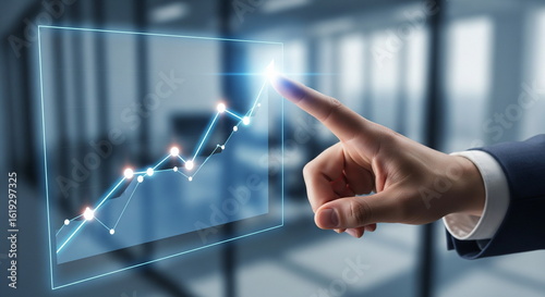 Close-Up of Hand Pointing at Rising Business Graph – Symbol of Success and Growth