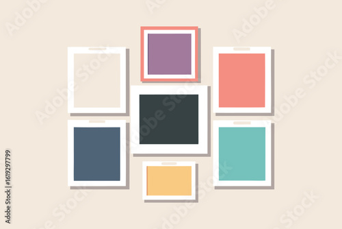 Collection of seven square photo frames in various pastel colors arranged in a visually appealing cluster on a neutral background