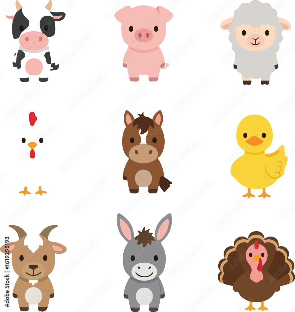 Fototapeta premium Farm Animals Vector Icons: Cute Cartoon Style Set