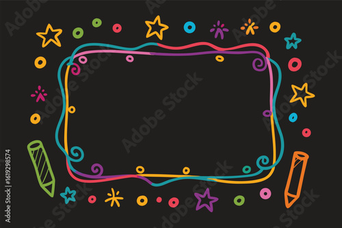 Colorful handdrawn chalk frame with stars, dots, and swirls, featuring two crayons on the sides, creating a playful and artistic border for text or images on a black background