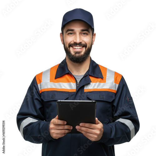 Smiling worker in uniform holding tablet device isolated on transparent background