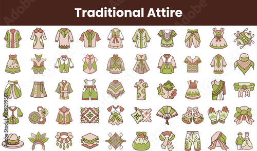 A vibrant collection of traditional attire, showcasing diverse styles and patterns in earthy tones. Each piece highlights cultural richness and unique craftsmanship.