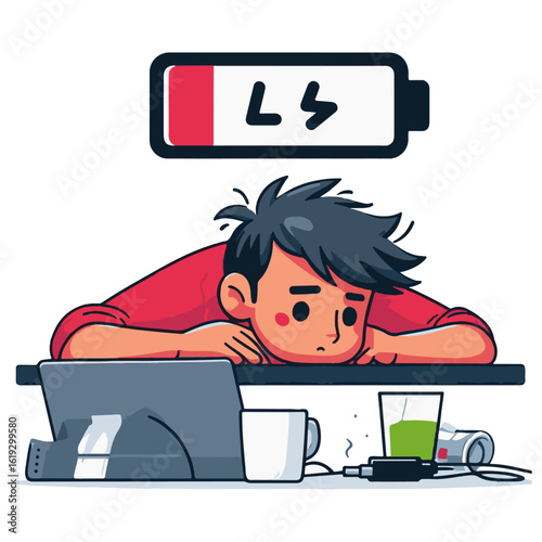 Burnout Illustration – Tired Employee with Low Energy