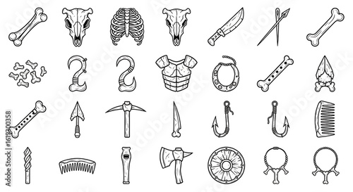 A collection of hand-drawn, monochrome illustrations of primitive tools and artifacts, including bones, animal skulls, weapons, and fishing implements, against a clean white background.