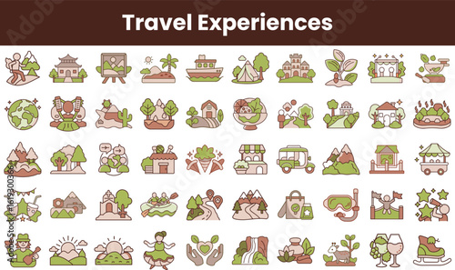 A vibrant collection of travel-themed icons showcasing various experiences like nature, culture, and adventure, perfect for inspiring wanderlust.