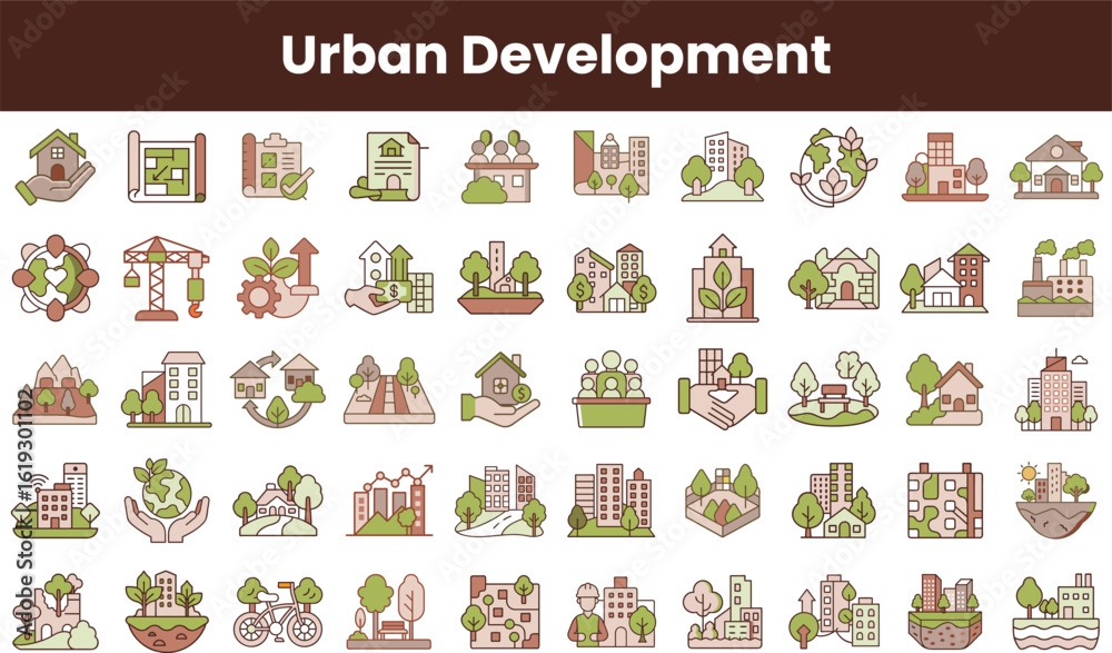 Fototapeta premium A colorful collection of urban development icons illustrating sustainable practices, green spaces, and community engagement in city planning.