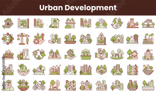 A colorful collection of urban development icons illustrating sustainable practices, green spaces, and community engagement in city planning.
