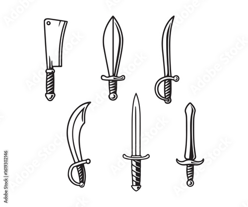 Collection of historical swords and blades for adventure and combat themes, perfect for fantasy or historical projects.