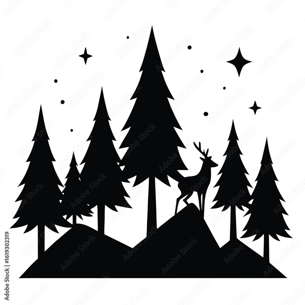 Obraz premium Black silhouette of a deer standing on a hill among pine trees under a starry sky