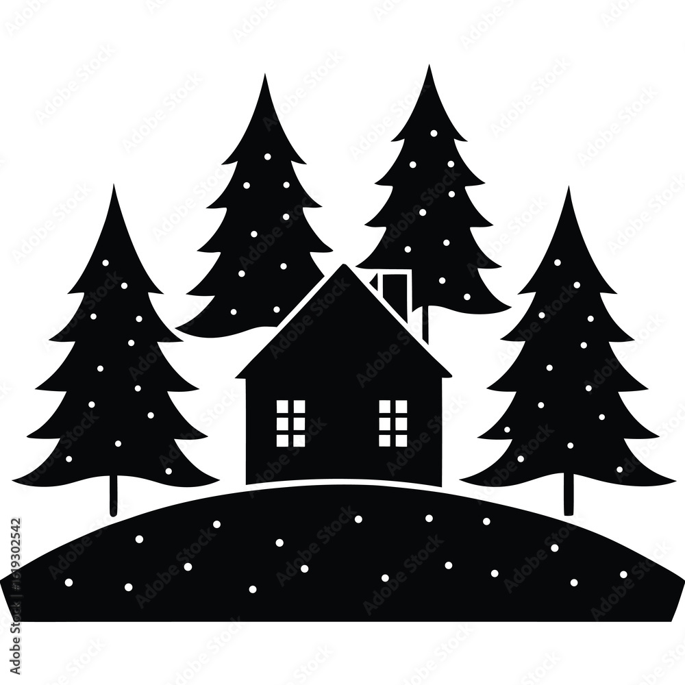 Fototapeta premium Black silhouette of a house with trees and snowy ground