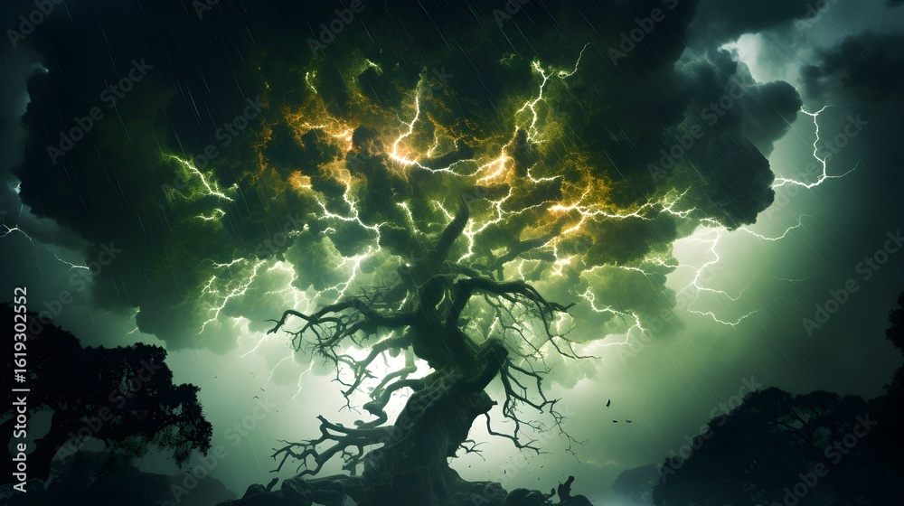 Obraz premium Spectacular lightning illuminates a gnarled tree amidst a raging thunderstorm.