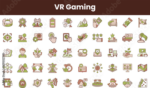 A diverse collection of VR gaming icons in earthy tones, showcasing various elements like achievements, interactions, and gaming devices.
