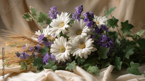 A unique display of white daisies, purple lavenders, and soft green eucalyptus, set amidst trailing ivy and wild grasses.