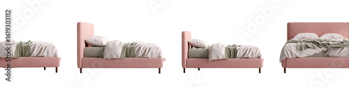 Multiple views of a blush pink upholstered bed