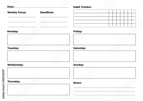 Minimalist weekly planner A4 with habit tracker, notes, goals and deadlines. Daily plan blocks included.