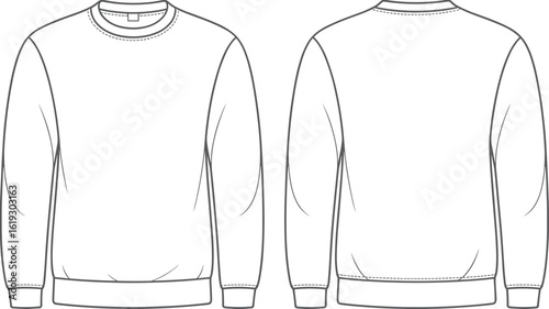 Crew neck sweatshirt fashion flat sketch, vector template, front and back view, technical drawing, casual wear design, clothing outline for apparel design presentation