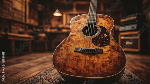 Aged acoustic guitar in rustic shop