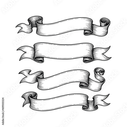 Vintage Ornate Ribbon Banners Engraving Set, drawn in an engraved, woodcut style with fine details sketch engraving vector illustration. Scratch board imitation