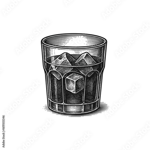 Vintage Whiskey Glass with Ice Engraving, drawn in an engraved, woodcut style with fine details sketch engraving vector illustration. Scratch board imitation