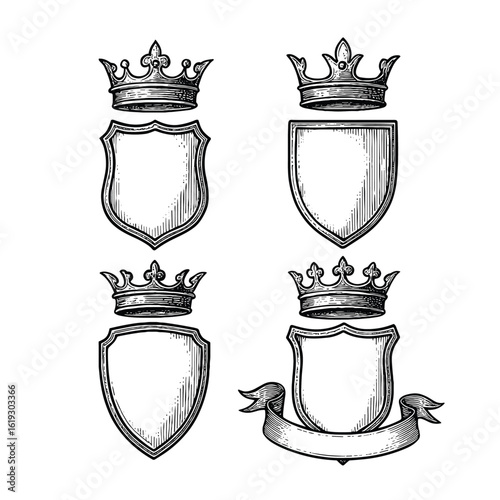 Vintage Royal Crowns and Shields Engraving Set, drawn in an engraved, woodcut style with fine details sketch engraving vector illustration. Scratch board imitation