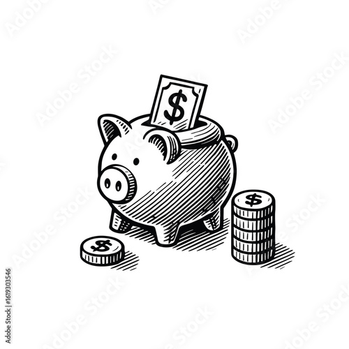 Vintage Piggy Bank with Money, drawn in an engraved, woodcut style with fine details sketch engraving vector illustration. Scratch board imitation