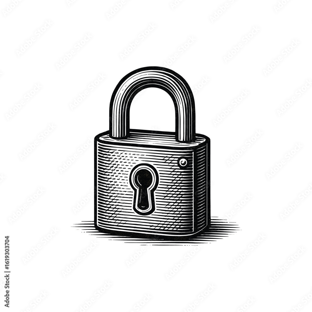 Naklejka premium Vintage Padlock with Keyhole Engraving, drawn in an engraved, woodcut style with fine details sketch engraving vector illustration. Scratch board imitation