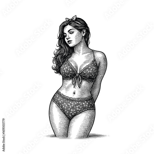 Vintage Pin-Up Girl Lingerie Engraving, drawn in an engraved, woodcut style with fine details sketch engraving vector illustration. Scratch board imitation