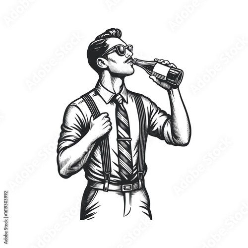 Vintage Gentleman with Beverage, drawn in an engraved, woodcut style with fine details sketch engraving vector illustration. Scratch board imitation