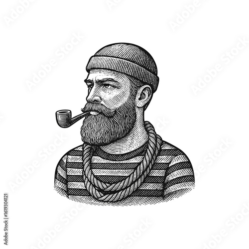 Vintage Bearded Sailor with Pipe, drawn in an engraved, woodcut style with fine details sketch engraving vector illustration. Scratch board imitation