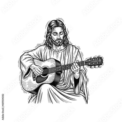 Vintage Jesus Playing Guitar, drawn in an engraved, woodcut style with fine details sketch engraving vector illustration. Scratch board imitation
