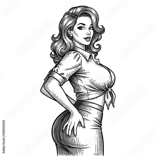 Vintage Retro Pin-Up Girl Posing, drawn in an engraved, woodcut style with fine details sketch engraving vector illustration. Scratch board imitation