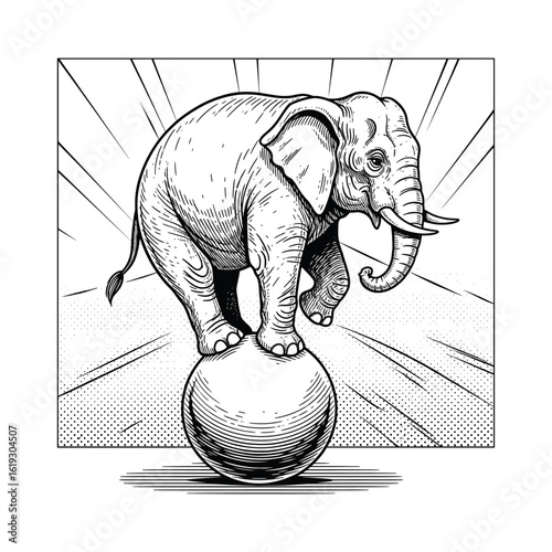 Vintage Circus Elephant Balancing on Ball, drawn in an engraved, woodcut style with fine details sketch engraving vector illustration. Scratch board imitation