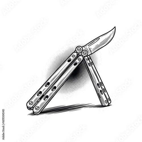 Vintage Butterfly Knife illustration, drawn in an engraved, woodcut style with fine details sketch engraving vector illustration. Scratch board imitation