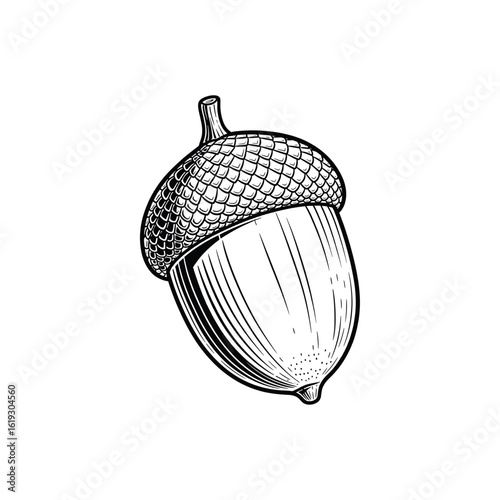 Vintage Detailed Acorn Illustration, drawn in an engraved, woodcut style with fine details sketch engraving vector illustration. Scratch board imitation