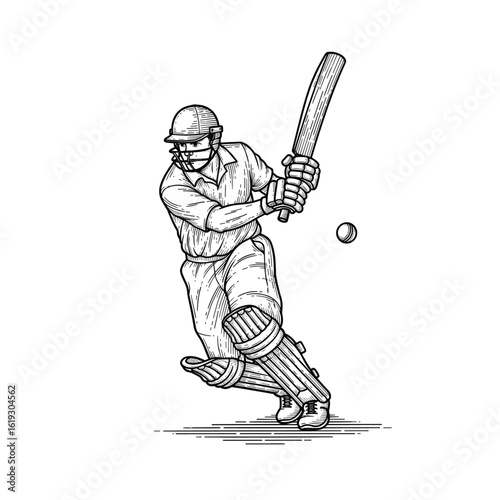 Vintage Cricket Batsman Striking Ball, drawn in an engraved, woodcut style with fine details sketch engraving vector illustration. Scratch board imitation