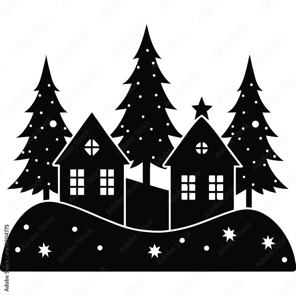 Fototapeta premium Black silhouette of houses and pine trees on snowy hill