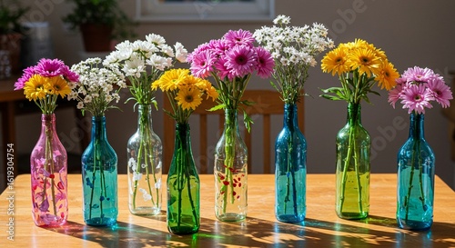 Zero Waste Tips: Colorful Flowers in Upcycled Glass Bottles as Sustainable Home Decor