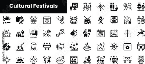An array of icons representing various cultural festivals, showcasing diversity in celebrations through visual symbols and motifs.