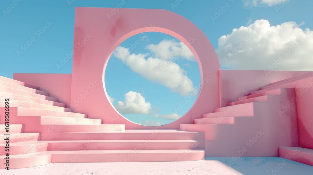 Fototapeta premium Dreamy Pink Architectural Vista with Sky Portal and Cloudscape Element