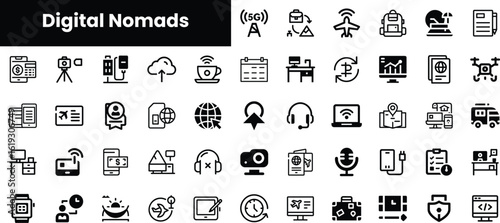 A diverse set of icons representing digital nomad lifestyle, including technology, travel, and remote work activities.