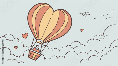 A whimsical illustration of a heartshaped hot air balloon carrying a passenger through a cloudy sky, symbolizing love, romance, and adventure, perfect for valentines day or travelthemed designs