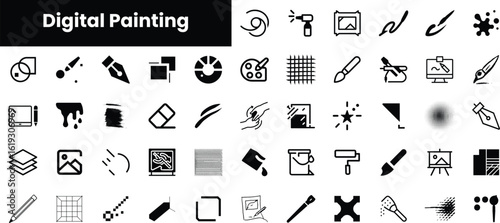 A collection of digital painting icons showcasing various art tools, including palettes, brushes, and textures, perfect for illustrating creative processes.
