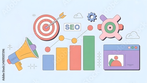flat illustration of professional flat style SEO marketing icons