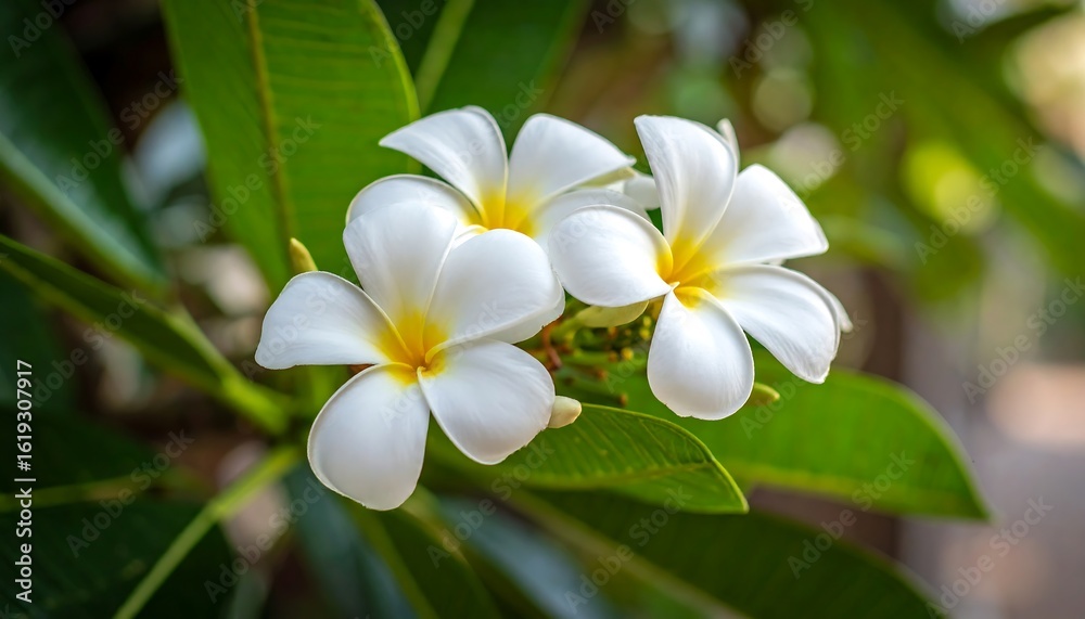 Close-up of three white flowers with yellow centers, nestled amongst vibrant green leaves Close-up of three white flowers with yellow centers, nestled amongst vibrant green leaves