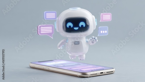 Wallpaper Mural Cute robot, floating above a phone, surrounded by chat bubbles Torontodigital.ca