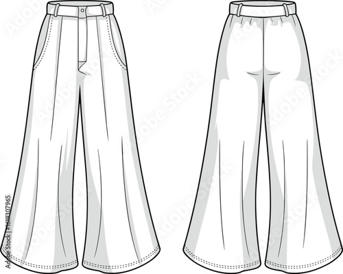 Fashion flat wide leg pants sketch, technical drawing, front and back view, vector trousers illustration, design template for apparel, sewing pattern layout