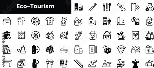 A collection of eco-tourism-themed icons representing sustainable living, eco-friendly products, and travel essentials. Perfect for environmental awareness campaigns.