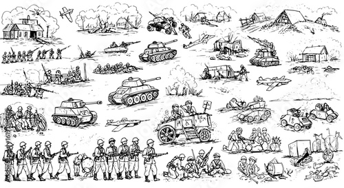 Detailed Black  White Military Combat Scenes: Hand-Drawn Illustrations Depicting Soldiers, Tanks, Aircraft, and Wartime Destruction Vignettes.